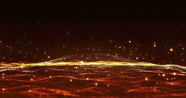 Digital orange particle wave with movement of abstract futuristic background and bright flying and sparkling spark particles, cyber technology, 3D, 4K seamless loop video