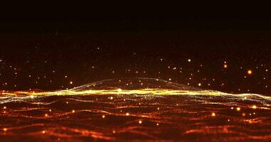 Digital orange particle wave with movement of abstract futuristic background and bright flying and sparkling spark particles, cyber technology, 3D, 4K seamless loop video