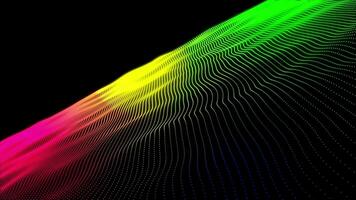 Digital mehrfarbig Welle von Partikel auf ein schwarz Hintergrund. Animation von ein leuchtend Feld von Punkte. abstrakt Hintergrund. nahtlos Schleife video