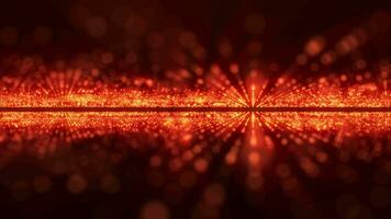 Particle laser, smooth line of light dots, light show, movement of glowing orange gold particles, abstract background with glowing bokeh, 4K video