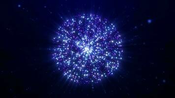 Abstract glowing sphere, energy ball shines brightly with rays of light, magic particles and dots, atomic science abstract background, seamless loop video