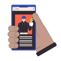 Holding smartphone flat line concept vector spot illustration. Stealing identity. Cyber thief 2D cartoon outline hand on white for web UI design. Cybercrime editable isolated color hero image