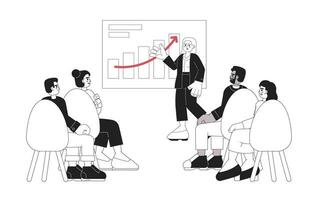 Conference business diverse black and white cartoon flat illustration. Female speaker talking to audience linear 2D characters isolated. Seminar orator with listeners monochromatic scene vector image