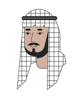 Bearded saudi man wearing keffiyeh 2D linear cartoon character head. Middle eastern male shemagh isolated line vector person face white background. Traditional arab man color flat spot illustration