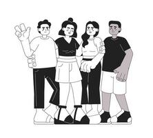 Friends community monochromatic flat vector characters. Multinational communication. Group of people. Editable thin line full body people on white. Simple bw cartoon spot image for web graphic design