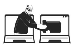 Thief stealing data from laptop bw concept vector spot illustration. Phishing attack. 2D cartoon flat line monochromatic character for web UI design. Cybercrime editable isolated outline hero image