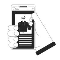 Holding smartphone bw concept vector spot illustration. Stealing identity. Cyber thief 2D cartoon flat line monochromatic hand for web UI design. Cybercrime editable isolated outline hero image