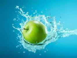 ai generado frutas fotografía de verde manzana salpicaduras dentro el agua en ligero azul antecedentes foto