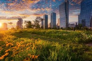 puesta de sol en Corea, Songdo central parque en Songdo distrito, incheon sur Corea. foto