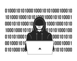 Hacker in hood coding bw concept vector spot illustration. Man with laptop 2D cartoon flat line monochromatic character for web UI design. Cybercrime editable isolated outline hero image