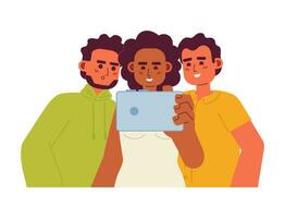 Watching video together semi flat color vector characters. Girl holding smartphone, guy looking on screen. Editable half body people on white. Simple cartoon spot illustration for web graphic design