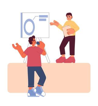 panel altavoz respondiendo pregunta audiencia dibujos animados plano ilustración. conferencia asistente preguntando experto 2d caracteres aislado en blanco antecedentes. gerente explicando escena vector color imagen