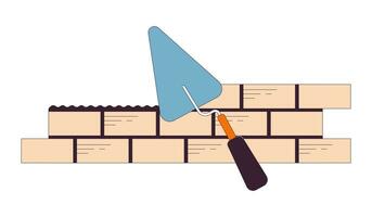 Bricks laying with trowel 2D linear cartoon object. Brick wall build. Brickwork construction isolated line vector item white background. Reconstruction. Homebuilding site color flat spot illustration