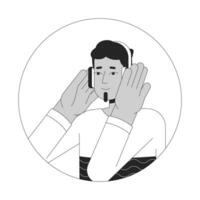 auriculares indio hombre barbado negro y blanco 2d vector avatar ilustración. sur asiático chico escuchando a música late contorno dibujos animados personaje cara aislado. podcast oyente plano usuario perfil imagen