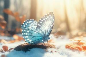 Light blue butterfly on icy surface. Generate ai photo