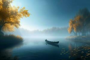 Foggy lake with wooden boat. Generate ai photo