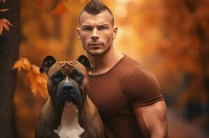 Muscular young guy posing with his dog. Generate ai photo