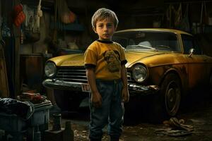 Diligent Car mechanic child garage. Generate Ai photo