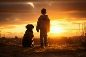 Radiant Child girl friendly dog sunset. Generate Ai photo