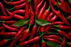 Colorful Chili peppers top view background. Generate Ai photo