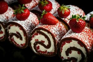 Refreshing Cake roll strawberries. Generate Ai photo