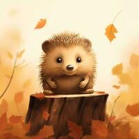 AI Generated Cute little hedgehog on a background of autumn leaves. Funny cartoon character. photo