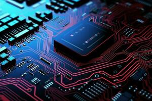 Distinctive integrated circuit chartreuse flare Data macro shot. Generate Ai photo