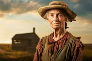 Sturdy American farmer woman at field. Generate Ai photo