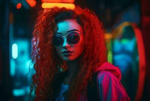 Curly red haired woman with sunglasses. Generate ai photo