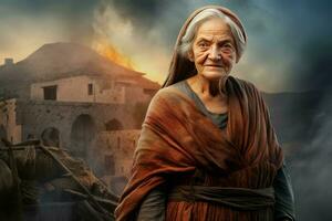 Ancient greek volcano eruption old woman. Generate Ai photo