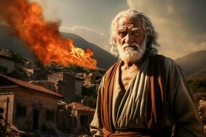 Relentless Ancient greek volcano eruption old man. Generate Ai photo