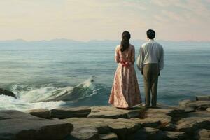 Contemplative Asian couple watch sea banner. Generate Ai photo