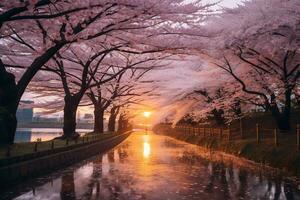 Cherry blossom park during sunset AI Generative photo