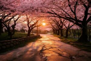 Cherry blossom park during sunset AI Generative photo