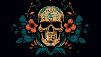 Background with a realistic skull with patterns of abstract shapes, leaves, flowers. photo