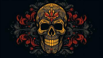 Background with a realistic skull with patterns of abstract shapes, leaves, flowers. photo