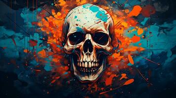 Background with a realistic skull with patterns of abstract shapes, leaves, flowers. photo