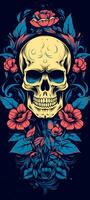 Background with a realistic skull with patterns of abstract shapes, leaves, flowers. photo