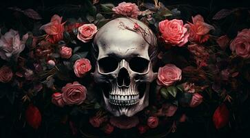 Background with a realistic skull with patterns of abstract shapes, leaves, flowers. photo