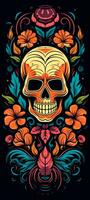 Background with a realistic skull with patterns of abstract shapes, leaves, flowers. photo