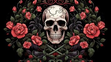 Background with a realistic skull with patterns of abstract shapes, leaves, flowers. photo