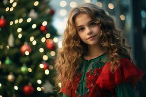 un joven niña vistiendo rojo y verde vestir en frente de el decorado Navidad árbol ai generativo foto