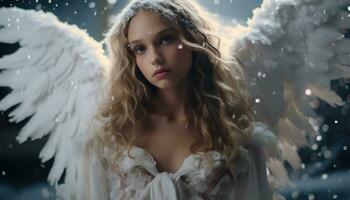 Innocent Young girl with Long Blond Hair with angel wing AI Generative photo