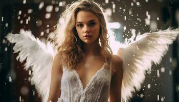 Innocent Young girl with Long Blond Hair with angel wing AI Generative photo