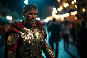 un calle ejecutante vestido como un romano gladiador un foto de un corredor corriendo mediante un ciudad parque ai generativo