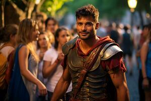 un calle ejecutante vestido como un romano gladiador un foto de un corredor corriendo mediante un ciudad parque ai generativo