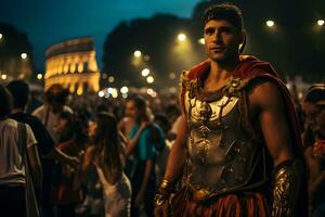 un calle ejecutante vestido como un romano gladiador un foto de un corredor corriendo mediante un ciudad parque ai generativo