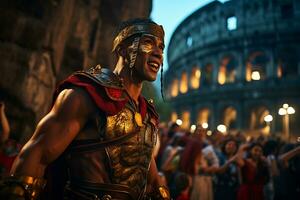 un calle ejecutante vestido como un romano gladiador un foto de un corredor corriendo mediante un ciudad parque ai generativo