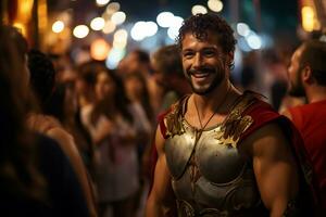 un calle ejecutante vestido como un romano gladiador un foto de un corredor corriendo mediante un ciudad parque ai generativo