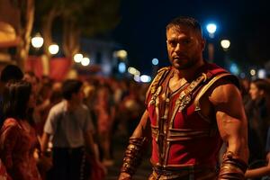 un calle ejecutante vestido como un romano gladiador un foto de un corredor corriendo mediante un ciudad parque ai generativo